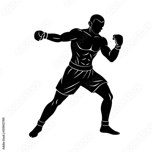 Silhouette of muscular boxer in fighting stance wearing boxing gloves