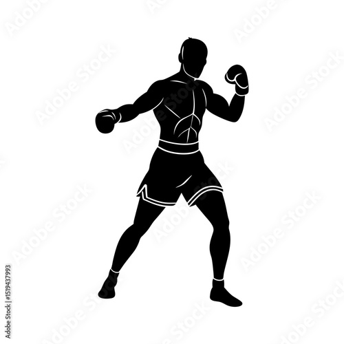 Silhouette of a boxer in stance with gloves and shorts ready to fight
