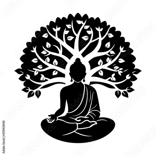 Silhouette of buddha meditating under a bodhi tree in monochrome style