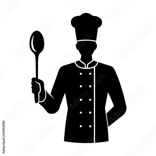 Silhouette of chef holding spoon wearing uniform and chef's hat design