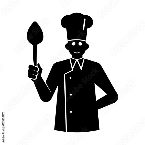 A chef in uniform holding a spoon in a black and white silhouette image