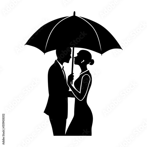 Silhouette of a couple standing under an umbrella in a romantic pose