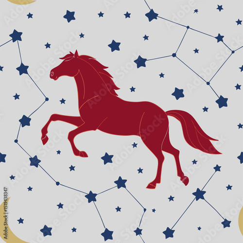 Pattern red horse, symbol of the New Year, in the starry sky, like a constellation, zodiac sign