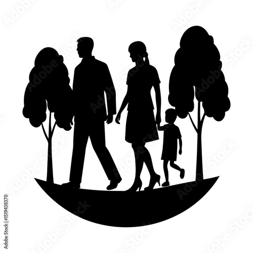 Silhouette of a family walking together in a park with trees around them