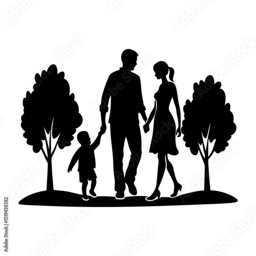 Silhouette of a family walking together in a park with trees around them