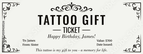Tattoo gift ticket Ticket template. Birthday gift. Tattoo voucher template