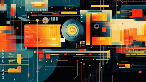 Abstract geometric artwork featuring vibrant orange, yellow, and teal hues, depicting interconnected technological elements and a cityscape.