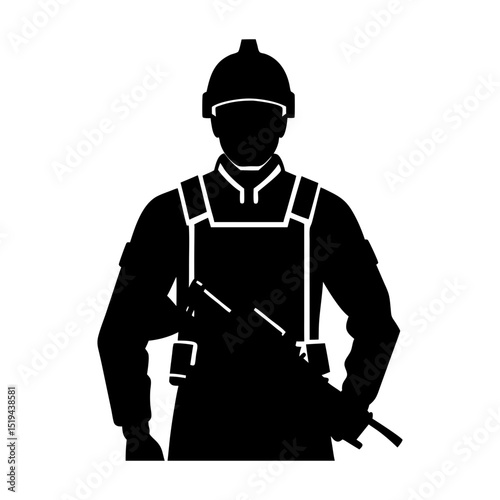 Silhouette of a soldier in full gear holding a rifle in a monochrome view
