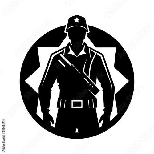 Silhouette of a soldier in uniform with a star background in a circle