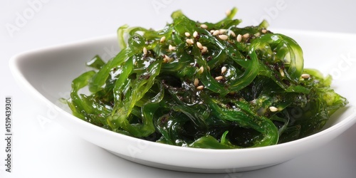 Close-up of a vibrant dish of seasoned seaweed.