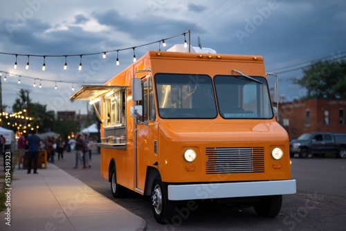 Bright orange food truck illuminated at dusk, creating vibrant o