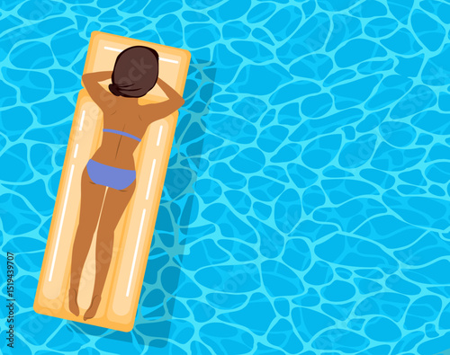 Cartoon of a beautiful woman in a swimsuit floating on a yellow inflatable mattress in a pool. Summer, travel and lifestyle background with copy space