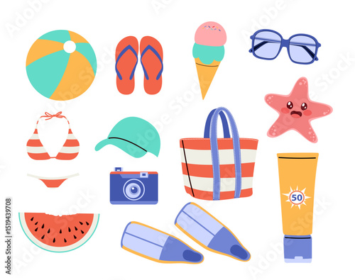 Flat cartoon set of summer beach items in blue and orange colors. Fun drawings for seasonal graphics, stickers or vacation design elements