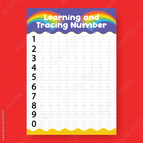 Number Tracing and Learning Worksheet for Preschool Kids,  a4 print ready worksheet vector template for kids suitable for back to school
