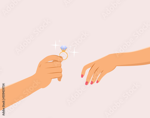 Cartoon illustration of a male hand offering a wedding ring to a female hand. Drawing for romance, proposal and love concepts