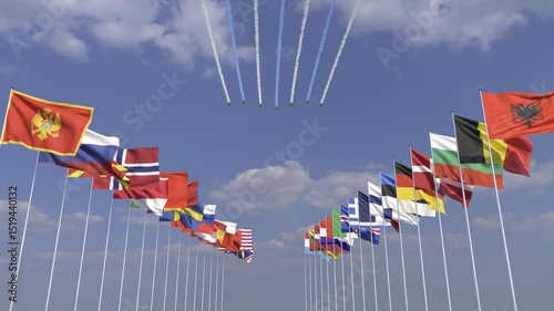 Photorealistic animation: NATO flags in the wind with Eurofighter formation flyover
