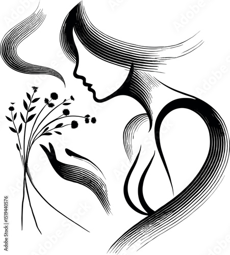 Black-and-white minimalist illustration of a woman leaning over a bouquet of dried herbs, with delicate lines evoking scent. Features an elegant oil drop silhouette for a wellness-inspired design.
