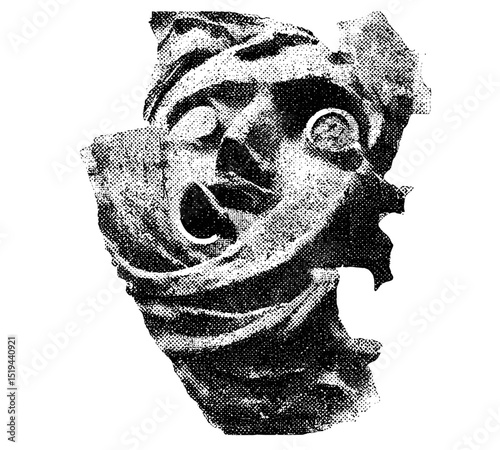Mystical ancient statue head, collage element with vintage stipple photocopy effect, retro grainy texture, vector illustration for surreal grunge poster, tattoo, 90s aesthetic, psychedelic art.