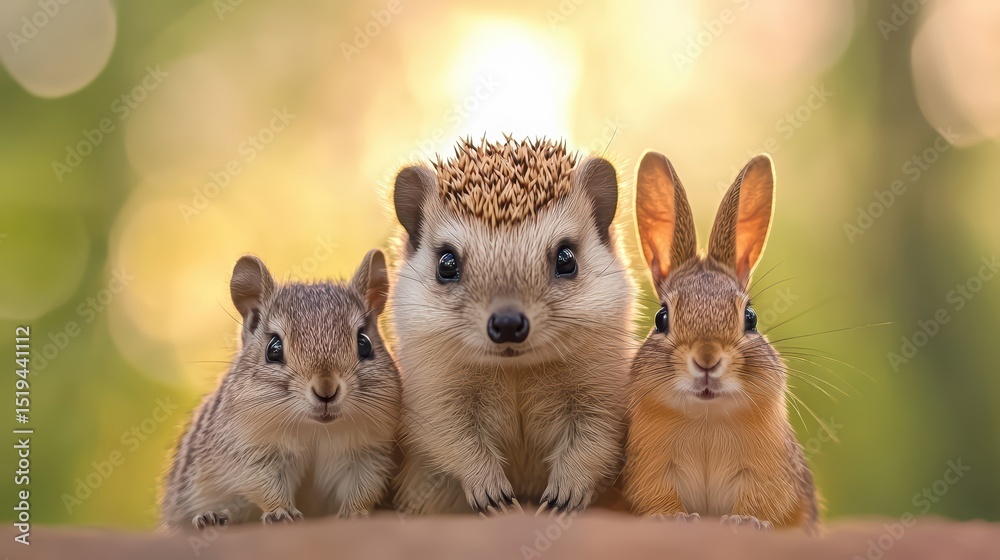 Obraz premium Adorable Hedgehog and Cute Rabbit with Friendly Squirrels in a Natural Green Background