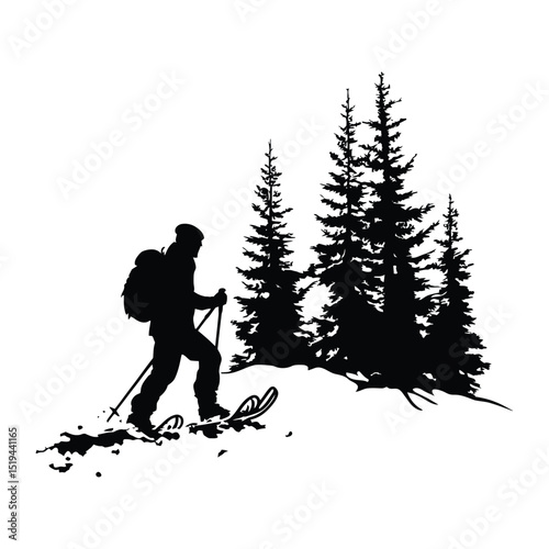 A person snowshoeing through deep snow isolated vector silhouette