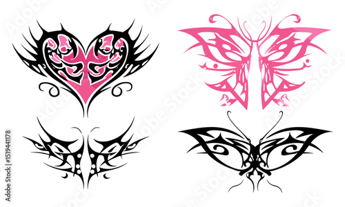 Cyber sigilism style neo tribal tattoo, heart and butterfly shape hand drawn, emo gothic tribal tattoo designs, black pink vector illustration, gothic ornament tattoo, edgy modern tattoo design.