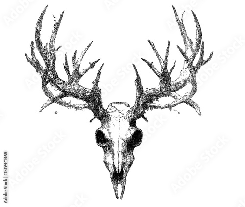 Mystical antler skull, vector illustration, collage element with vintage stipple photocopy effect, retro grainy texture, surreal tattoo, grunge aesthetic, 90s style, psychedelic artwork.