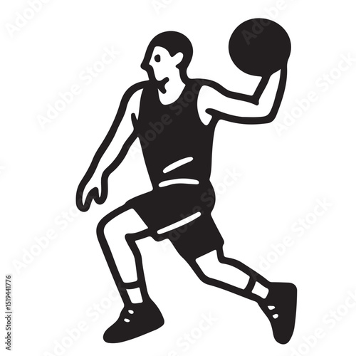 Black and white illustration of a basketball player in mid-air