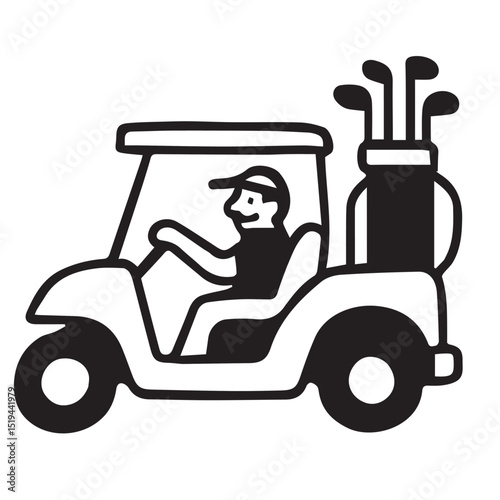 Simple black and white illustration of a golfer driving a golf cart