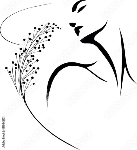Black-and-white minimalist illustration of a graceful woman leaning over a bouquet of dried herbs, with delicate lines suggesting scent and an elegant oil drop silhouette enhancing the wellness theme.