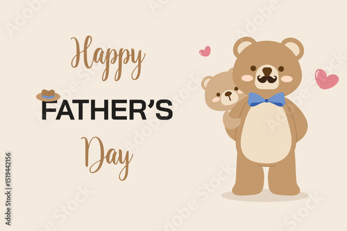 Happy father's day concept. Father bear with mustache and bow tie carry cute cub. adorable family character in flat vector design for postcard or decoration.