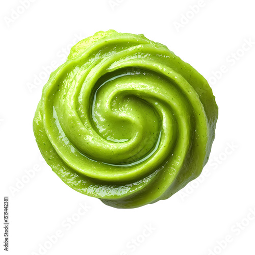 A vibrant swirl of green paste, perfect for culinary designs or healthy recipes featuring natural ingredients.