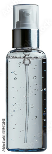 Clear spray bottle with water droplets, perfect for refreshing beverages or cosmetic products.