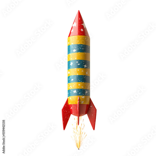Colorful rocket with vibrant stripes launching into the sky, symbolizing adventure and exploration.