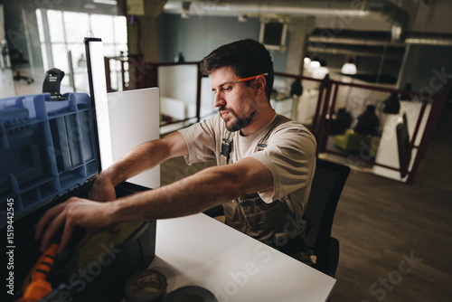 Skilled worker organizing tools in a well-lit workspace during daylight hours