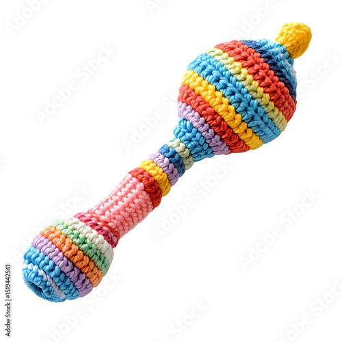 Colorful crocheted rattle toy designed for babies, promoting sensory exploration and development.