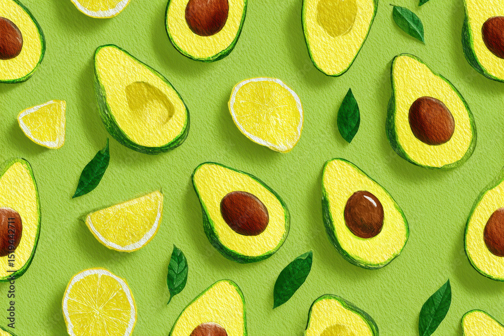 Seamless watercolor pattern with avocado, lemon and green leaves. Bright healthy food background for packaging and textile. Seamless watercolor pattern with avocado, lemon and green leaves. Bright healthy food background for packaging and textile.