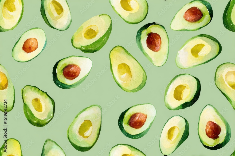 Seamless watercolor pattern with whole and halved avocado on green background. Healthy food texture for packaging and textile.
Seamless watercolor pattern with whole and halved avocado on green background. Healthy food texture for packaging and textile.