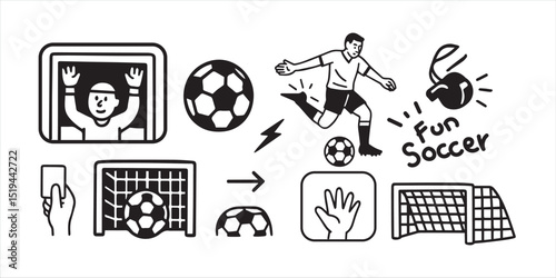 Simple black and white illustration of soccer action