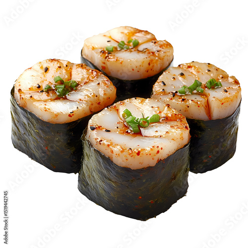 Delicious sushi rolls topped with fresh scallops and green onions, perfect for any culinary feast.