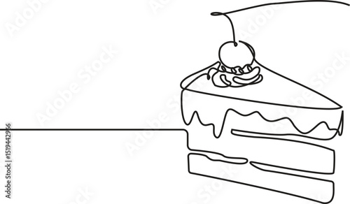 One Line Drawing of a Slice of Cake with Cherry – Minimalist Dessert Vector Illustration.