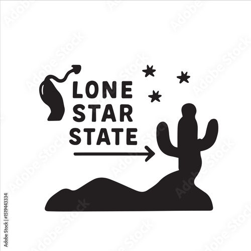 Silhouette of a stylized Texas map with the words "Lone Star State" and a cactus