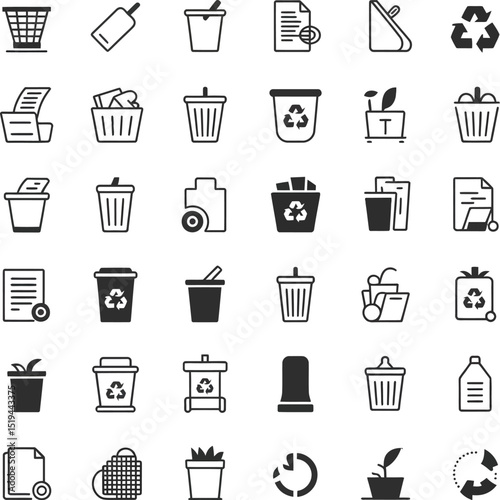 Collection of vector icons representing waste management recycling and disposal symbols and elements editable stock vector illustration