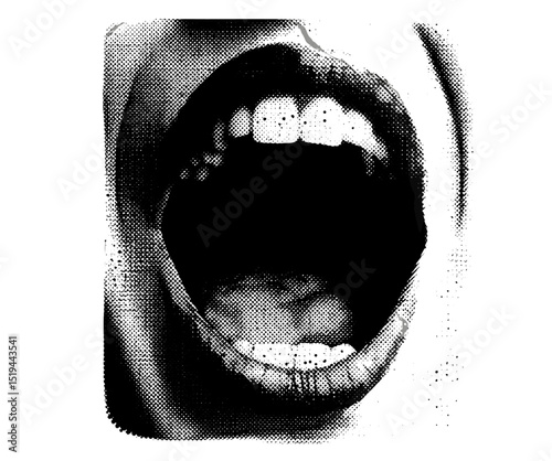 Woman screaming, retro halftone collage, pop art lips, punk grunge style, vector illustration, vintage texture, mixed media design, crazy art templates, dotted halftone texture
