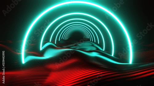Turquoise and Red Futuristic Area with Round Neon Arches Background VJ Loop in 4K