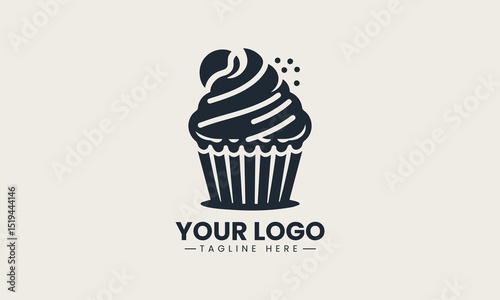 Cupcake illustration with creamy icing in paper wrapper for modern bakery vector logo design