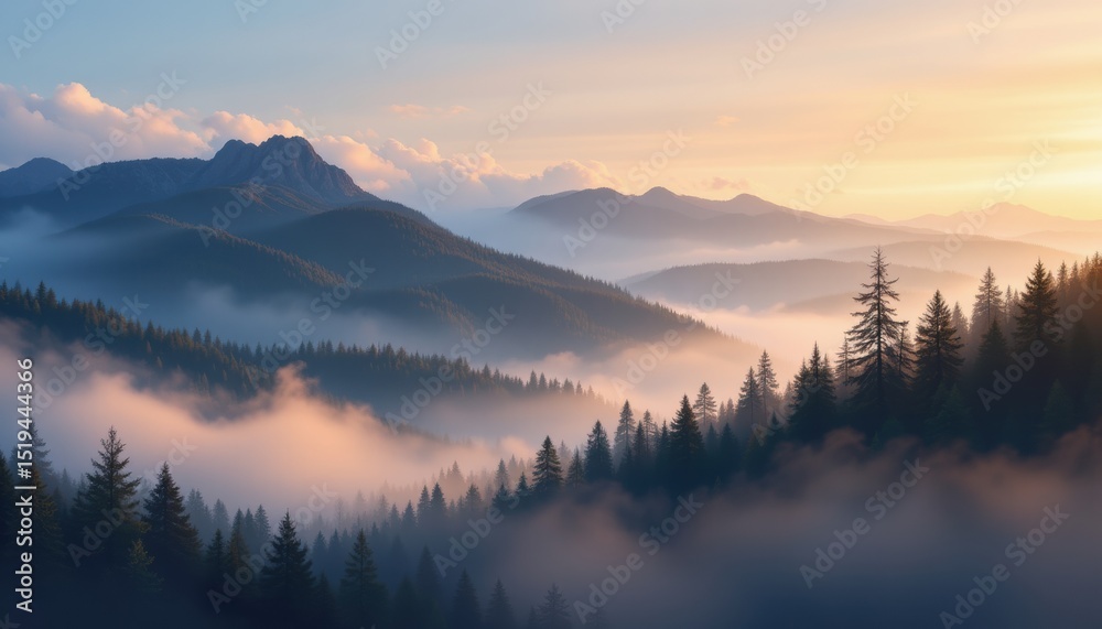 Obraz premium create a photo realistic illustration of mountains shrouded in forest fog during the morning hours, the image should evoke a sense of mystique and tranquility