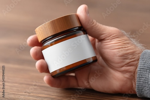 Hand holding jar with wooden lid, showcasing blank label for cus