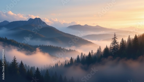 create a photo realistic illustration of mountains shrouded in forest fog during the morning hours, the image should evoke a sense of mystique and tranquility