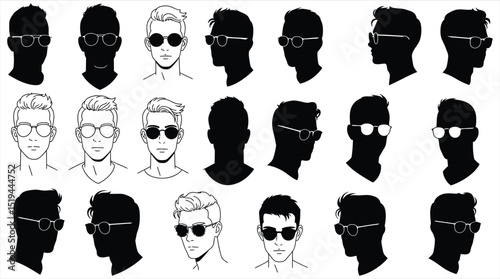 Vector illustration of diverse men's faces with various beard styles and sunglasses, ideal for barbershop, grooming, fashion, and character design related graphic projects.