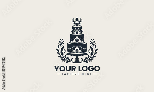 Stylized four-layer celebration cake with buna flower decoration vector logo design for event branding